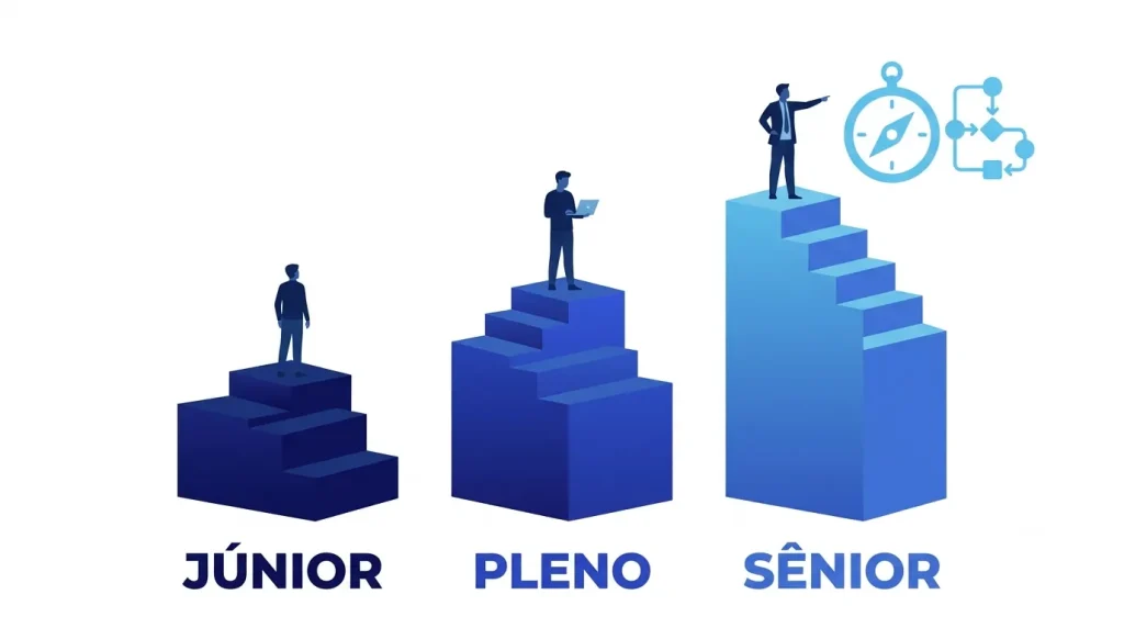 Ilustração dos níveis júnior, pleno e sênior em degraus de evolução profissional