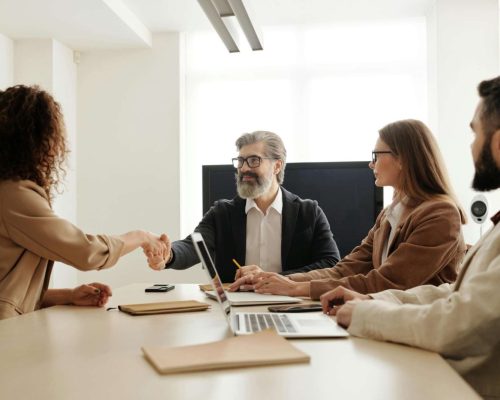 Equipe reunida com consultor para planejar contratação em tecnologia